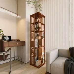 WOODEN 360° ROTATING BOOKSHELF WITH STORAGE CABINETS