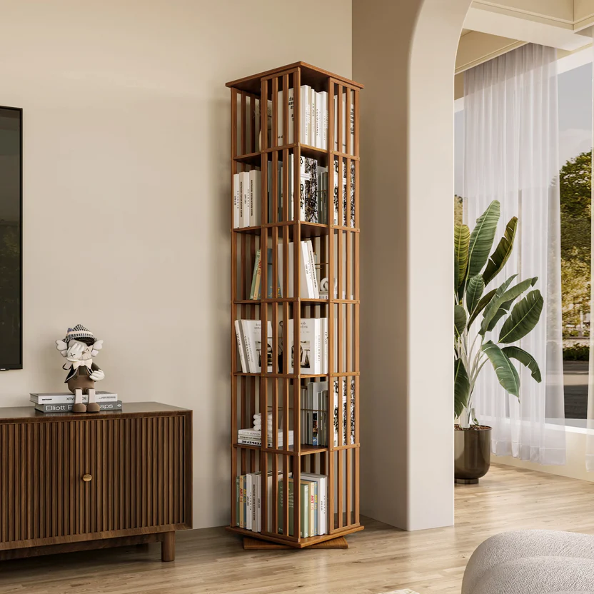 WOODEN 360° ROTATING BOOKSHELF WITH STORAGE CABINETS - Image 2
