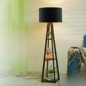 Wooden Floor Lamp With Black Shade, Bulb And Holder